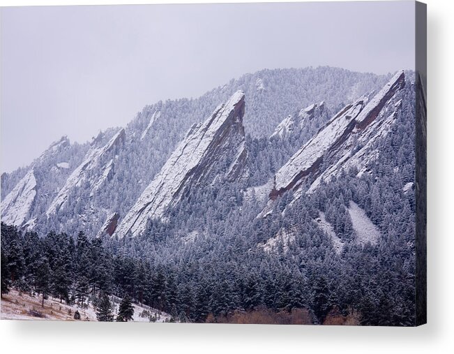 Snow Acrylic Print featuring the photograph Snow Dusted Flatirons Boulder Colorado by James BO Insogna