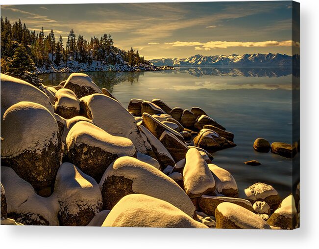 Landscape Acrylic Print featuring the photograph Snow On Boulders by Maria Coulson