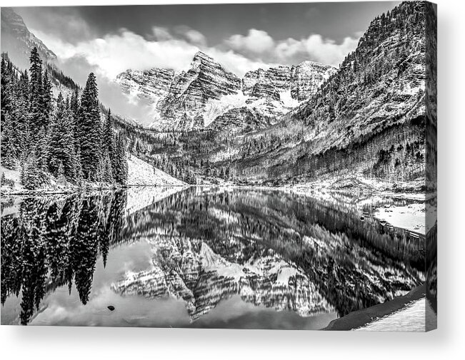 America Acrylic Print featuring the photograph Maroon Bells BW Mountain Landscape Monochrome - Colorado by Gregory Ballos
