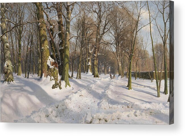 19th Century Art Acrylic Print featuring the painting Snowy forest road in sunlight by Peder Monsted