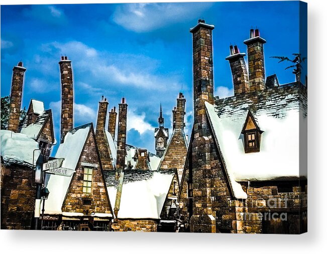 Castle Acrylic Print featuring the photograph Snowy Hogsmeade Village Rooftops by Gary Keesler
