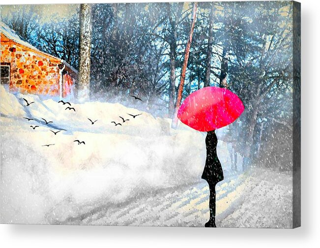 Snowy Red Umbrella Acrylic Print featuring the photograph Snowy Red Umbrella by Diana Angstadt