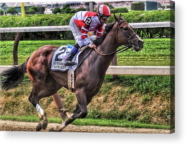 Race Horses Acrylic Print featuring the photograph Songbird with Mike Smith Saratoga August 2017 by Jeffrey PERKINS