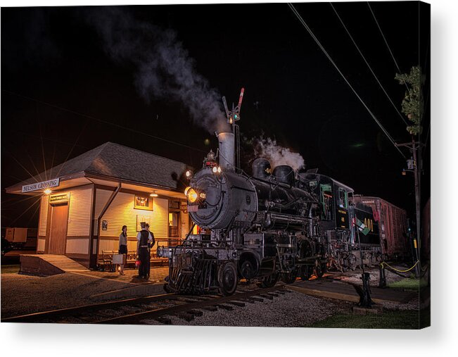 #railroad #railroads Train #trains Acrylic Print featuring the photograph Southern 401 sits beside the Nelson Crossing Station by Jim Pearson