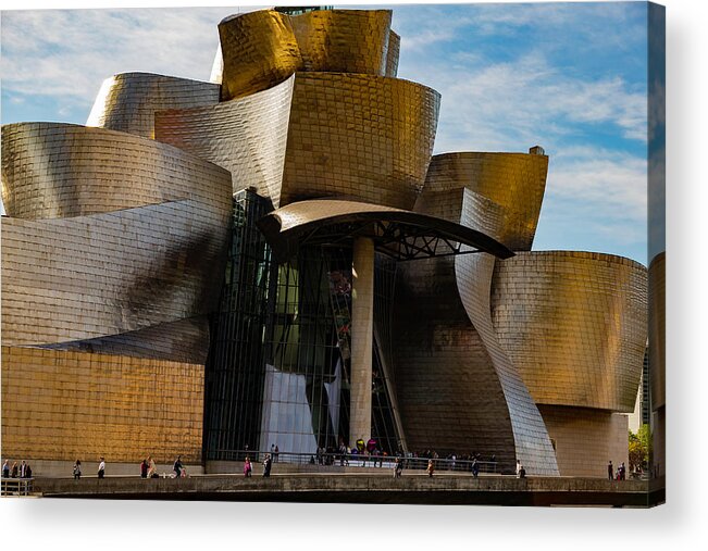 Spain Bilbao Guggenheim Museum Basque Country Frank Gehry Contemporary Architecture Nervion River City Daring And Innovative Curves Building Exterior Spectacular Building Deconstructivism Ferrovial Clad In Glass Acrylic Print featuring the photograph The Guggenheim Museum Spain Bilbao by Andy Myatt