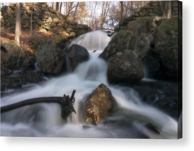 Dreamy Split Splits Divide Water Secret Fall Falls Waterfall Waterfalls Dream Nature Outside Natural Outdoors Stonewall Stone Wall Boulder Rocks Trees Woods Forest Soft Long Exposure Rutland Ma Mass Massachusetts New England Newengland Brian Hale Brianhalephoto Acrylic Print featuring the photograph Splits dreamy by Brian Hale