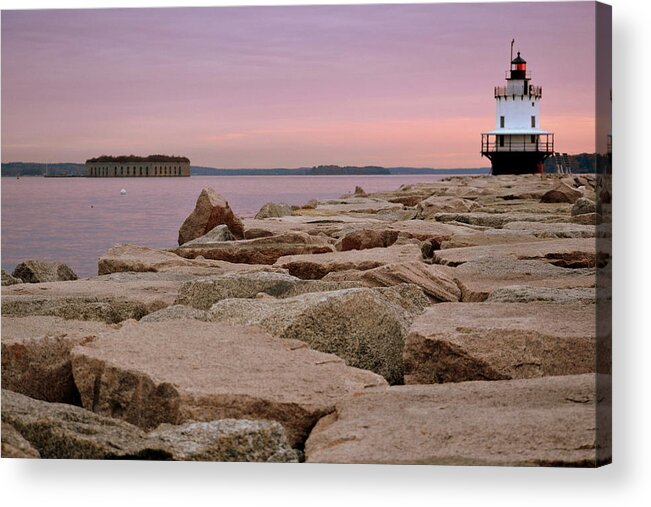 Spring Point Ledge Lighthouse Acrylic Print featuring the photograph Spring Point and Fort Gorges by Colleen Phaedra