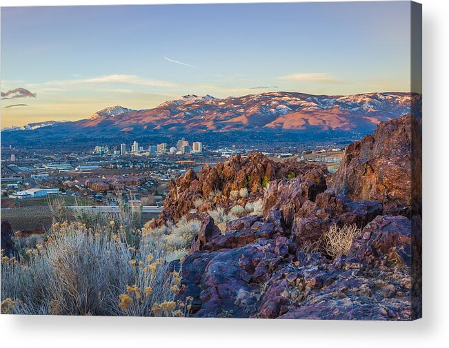Downtown Reno Acrylic Print featuring the photograph Spring Sunrise overlooking Reno Nevada by Scott McGuire