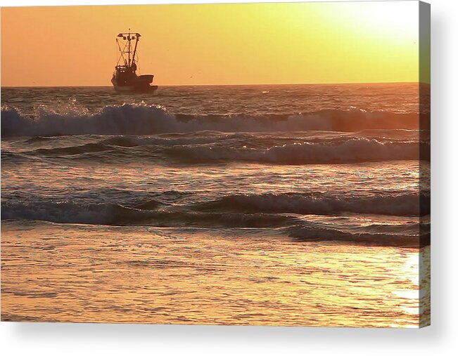 Sunset Acrylic Print featuring the photograph Squid Boat Golden Sunset by John A Rodriguez