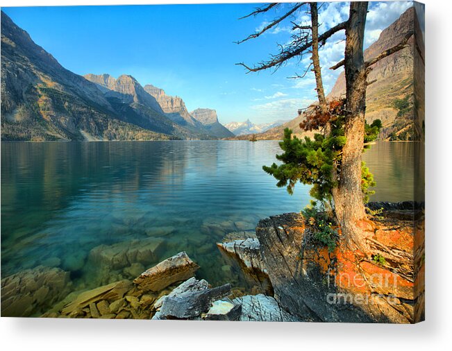 St Mary Lake Acrylic Print featuring the photograph St. Mary Rugged Shoreline by Adam Jewell