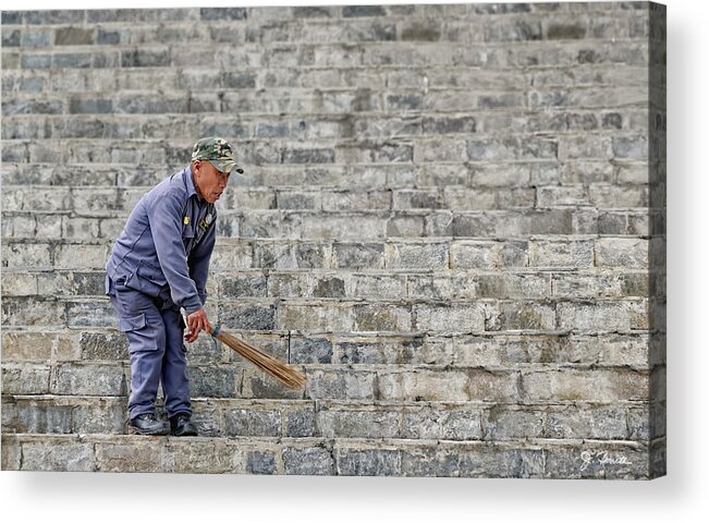 Bhutan Acrylic Print featuring the photograph Stair Sweeper in Bhutan by Joe Bonita