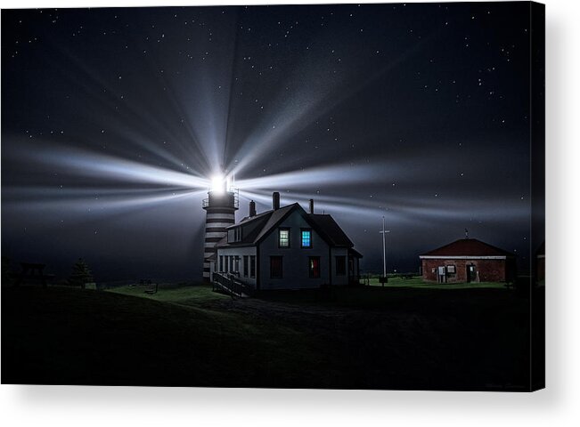 West Quoddy Head Lighthouse Acrylic Print featuring the photograph Stars and Light Beams - West Quoddy Head Lighthouse by Marty Saccone