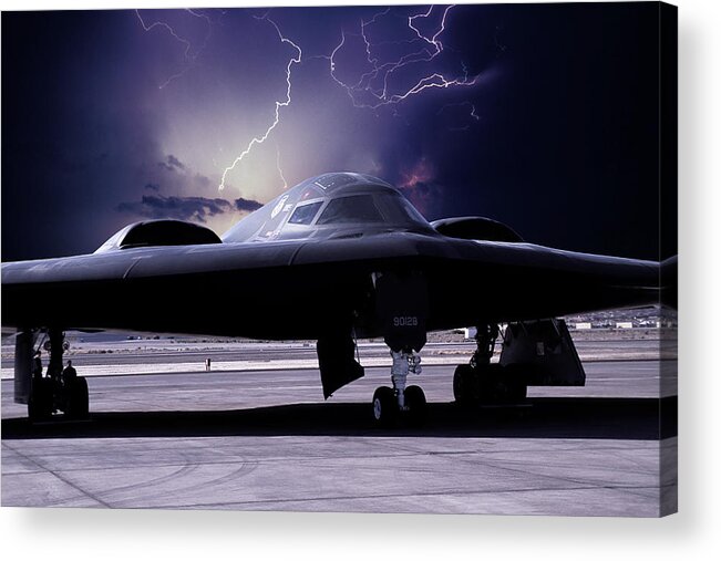 B-2 Stealth Bomber Acrylic Print featuring the mixed media Stealth Lightning by Erik Simonsen