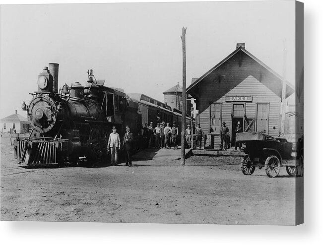 South Dakota Acrylic Print featuring the photograph Steam Locomotive at Station in Oakes South Dakota by Chicago and North Western Historical Society