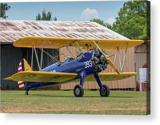 Aviation Acrylic Print featuring the photograph Stearman and Old Hangar by Chris Buff