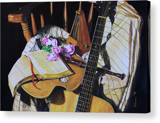 Painting Acrylic Print featuring the painting Still Life with Guitar by Reggie Rivera