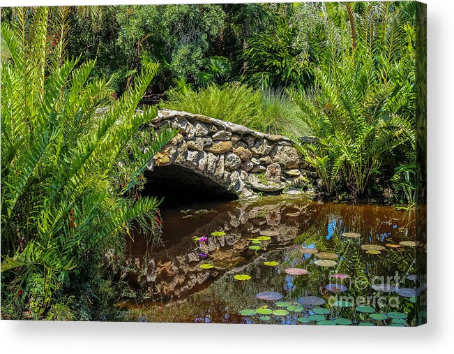 Liesl Walsh Acrylic Print featuring the photograph Stone Bridge at McKee Gardens by Liesl Walsh
