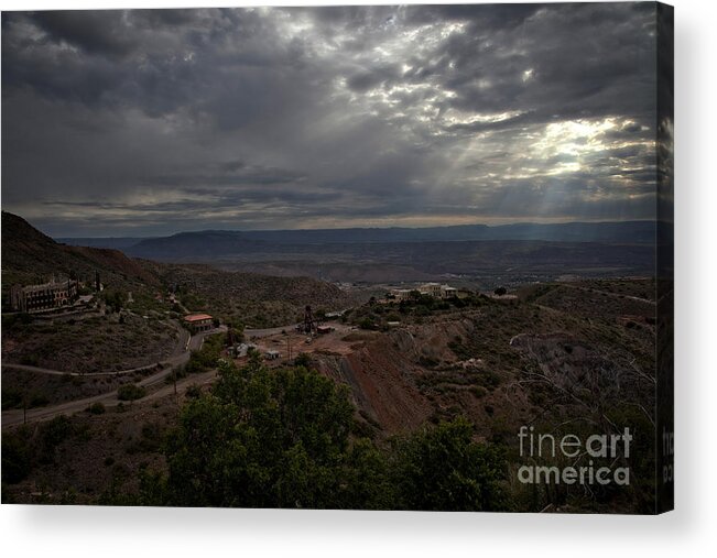 Dramatic Sky Acrylic Print featuring the photograph Storm Clouds and Suns Rays Jerome AZ by Ron Chilston