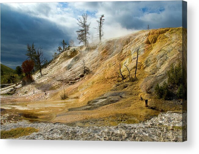 Yellowstone Acrylic Print featuring the photograph Stormy Skies at Mammoth by Steve Stuller