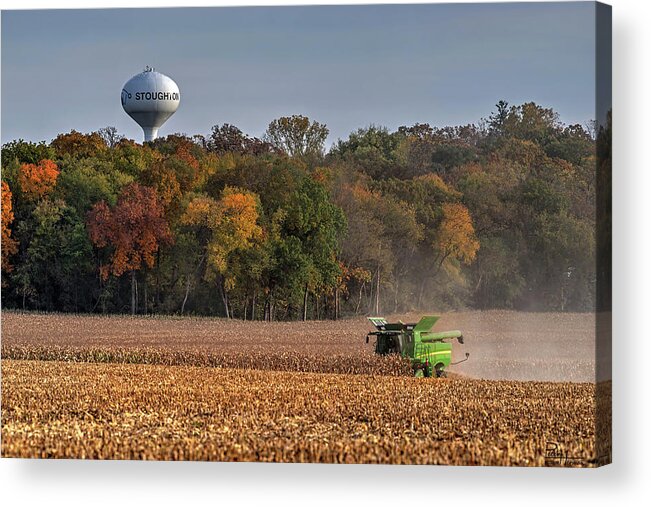Corn Harvest John Deere Combine Water Tower Stoughton Wisconsin Wi Landscape Farming Rural Agriculture Autumn Fall Trees Yellow Gold Horizontal Acrylic Print featuring the photograph Stoughton WI Corn Harvest by Peter Herman