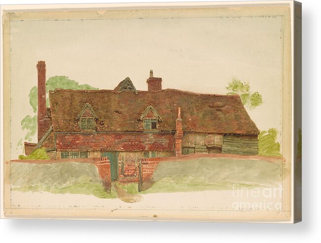 Kate Greenaway 1846-1901 Study Of A Long Cottage With Dormer Windows And Tiled Upper Wall. Beautiful House Acrylic Print featuring the painting Study of a Long Cottage with Dormer Windows by MotionAge Designs