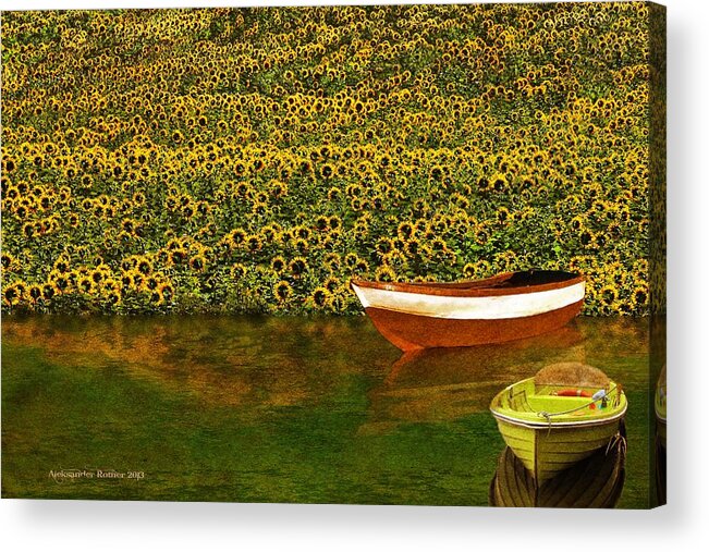 Sunflowers Acrylic Print featuring the photograph Sunflowers and Boats by Aleksander Rotner