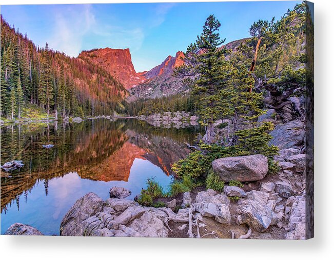 Dream Lake Acrylic Print featuring the photograph Sunrise on Hallet Peak - Dream Lake - Rocky Mountain National Park by Gregory Ballos