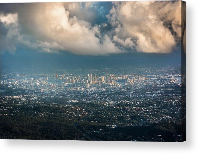 Brisbane Acrylic Print featuring the photograph Sunrise Over a Cloudy Brisbane by Parker Cunningham