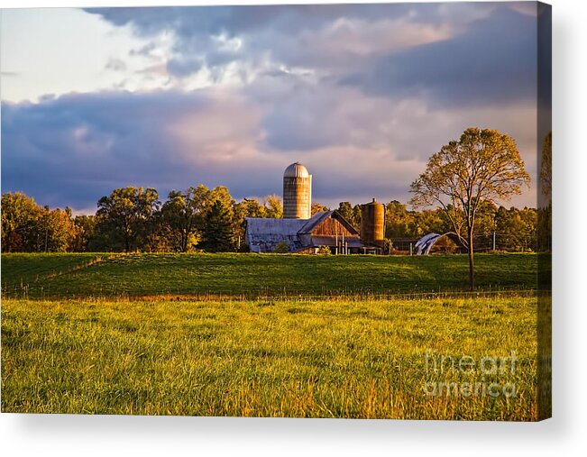 Farm; Barns; Silos; Fields. Clouds; Cloudy; Sunrise; Daytime; No People; Green Fields; Green Grass; Trees; Daybreak; Storm; Stormy; Morning; Horizontal; Farm Photos; Horizontal New England Photos; Rural Photos; Farm Pictures; Nature; North America; Usa; United States; Farmland; Farm Land; Picturesque; Picturesque Farm; Sunrise Pictures; Travel Photos; Peaceful; Isolated; Solitary Acrylic Print featuring the photograph Sunrise Over Silos by Sherry Curry