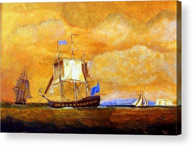 Sunset Acrylic Print featuring the painting Sunset and Ships by Richard Le Page