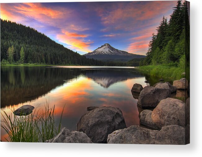 Sunset Acrylic Print featuring the photograph Sunset at Trillium Lake with Mount Hood by David Gn