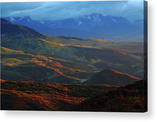 Fall Acrylic Print featuring the photograph Sunset during autumn below the San Juan Mountains in Colorado by Jetson Nguyen