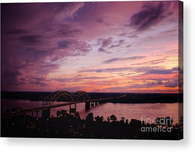 Memphis Acrylic Print featuring the photograph Sunset over the I40 Bridge in Memphis Tennessee by T Lowry Wilson