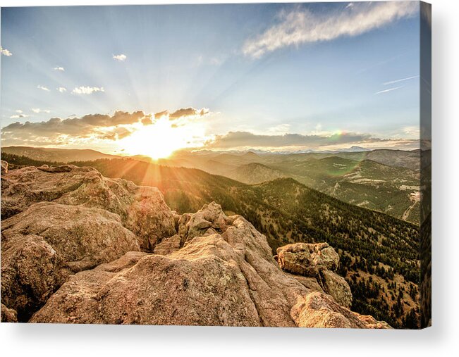 Boulder Acrylic Print featuring the photograph Sunset over the Mountains of Flaggstaff Road in Boulder, Colorad by Peter Ciro