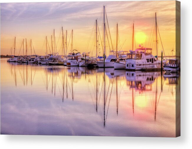 Boats Acrylic Print featuring the photograph Sunset Skies at the Harbor by Debra and Dave Vanderlaan