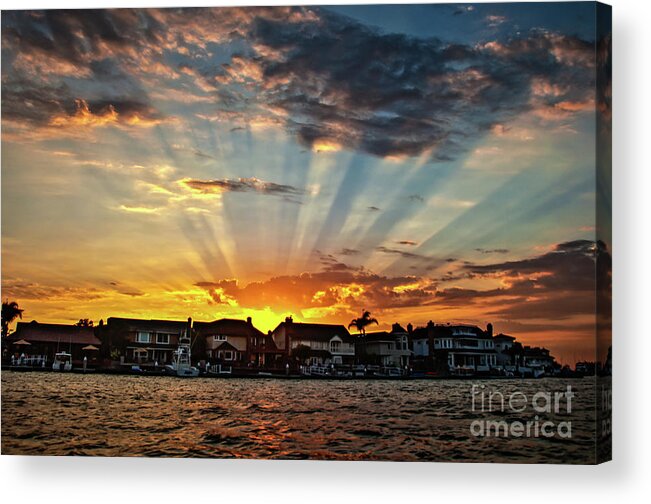 Sun Rays Acrylic Print featuring the photograph Sunset Sunrays over Huntington Harbour by Peter Dang