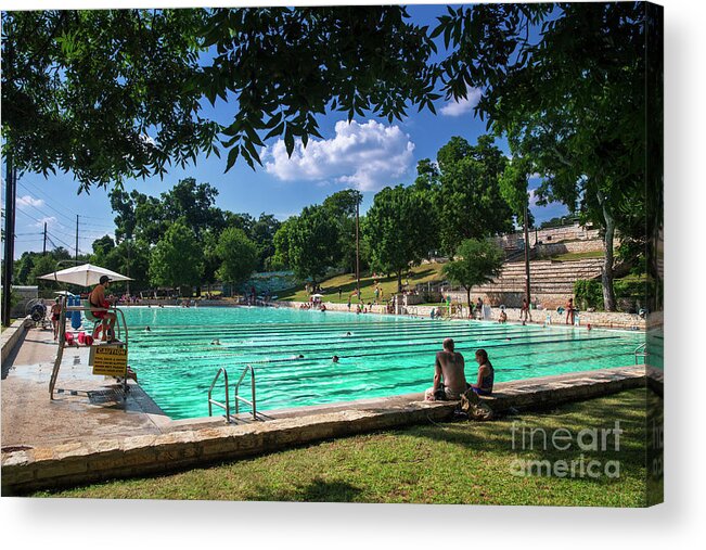 Deep Eddy Pool Acrylic Print featuring the photograph Swimmers swim laps while others relax at Deep Eddy Pool, the perfect prescription to beat Texas brutal summer 100 degree heat wave by Dan Herron