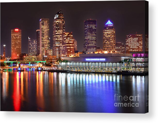 Tampa Acrylic Print featuring the photograph Tampa Skyline at Night Early Evening by Jon Holiday