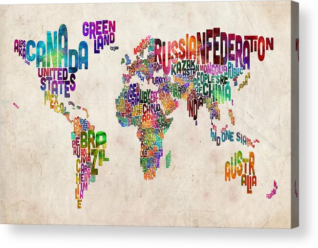 Map Of The World Acrylic Print featuring the digital art Text Map of the World by Michael Tompsett