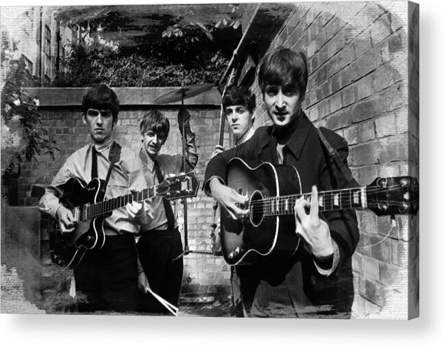 The Beatles Acrylic Print featuring the painting The Beatles In London 1963 Black And White Painting by Tony Rubino