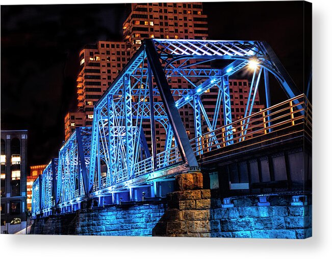 Bridge Acrylic Print featuring the photograph The Blue Walking Bridge from the River Bank Below at Night by Randall Nyhof