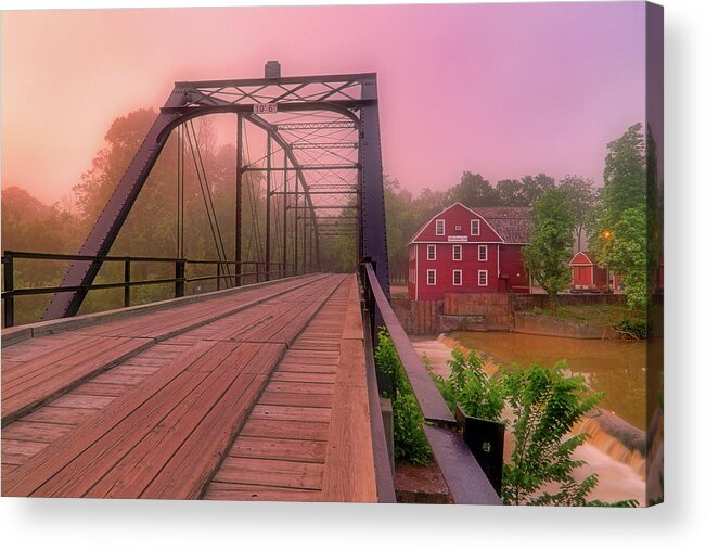 War Eagle Mill Acrylic Print featuring the photograph The Bridge to War Eagle Mill - Arkansas - Historic - Sunrise by Jason Politte