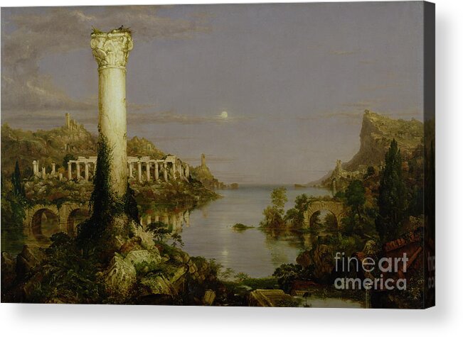 Moonlit Landscape; Classical; Architecture; Ruin; Ruins; Desolate; Bridge; Column; Hudson River School; Moon Acrylic Print featuring the painting The Course of Empire - Desolation by Thomas Cole
