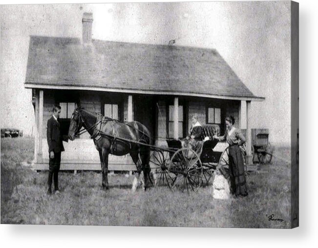 Old Photo Black And White Classic Saskatchewan Pioneers History Horse And Buggy Carriage Acrylic Print featuring the photograph The Family Ride by Andrea Lawrence
