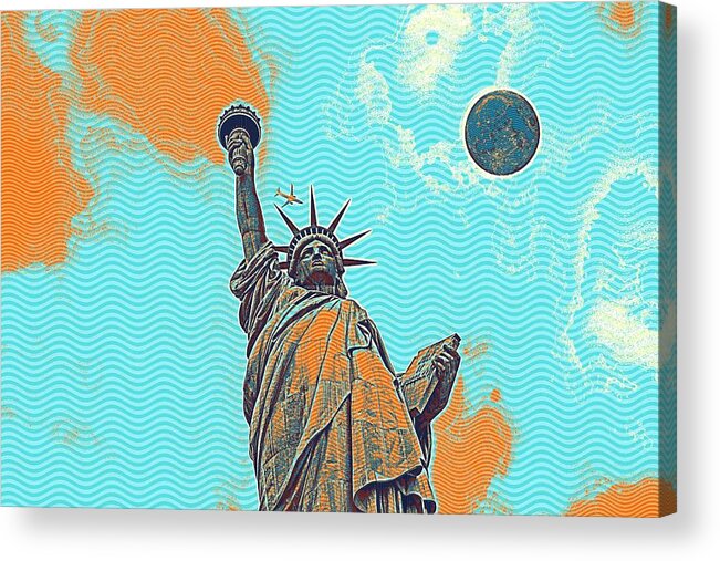 Statue Acrylic Print featuring the painting The Fool Blood Moon and The Lady Liberty 5 by Celestial Images