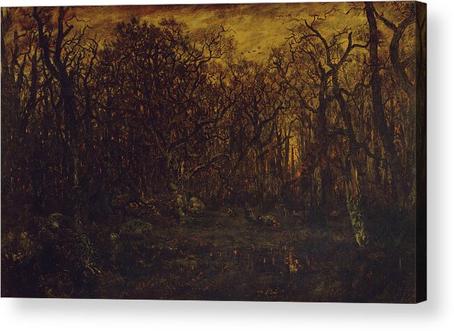 The Forest In Winter At Sunset Acrylic Print featuring the painting The Forest in Winter at Sunset by Rousseau