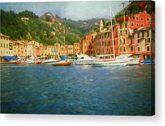 Painting Acrylic Print featuring the painting The Italian Village of Portofino by Mitchell R Grosky