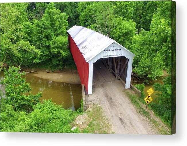 Covered Bridge Acrylic Print featuring the photograph The McAllister Covered Bridge - Ariel View by Harold Rau