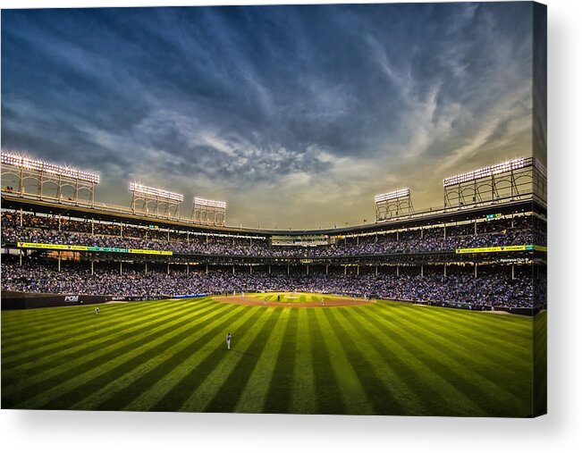 Chicago Cubs Acrylic Print featuring the photograph The New Wrigley Field With Pretty Sunset Sky by Sven Brogren