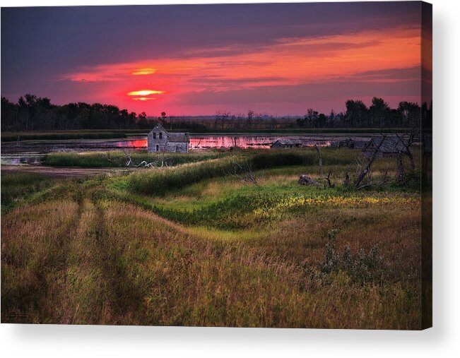 Abandoned Nd Rural Farmstead Homestead Trail Water Devils Lake Flood Landscape Scenic Horizontal Stensby Brinsmade Normania Silver Lake Devils Lake Sunrise Red Acrylic Print featuring the photograph The Path Home #3 - sunrise by Peter Herman